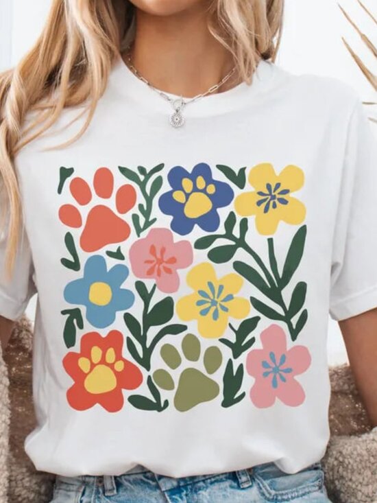 Tops - Floral Paw Shirt, Dog Lover Tee, Cute Dog Shirt Gift